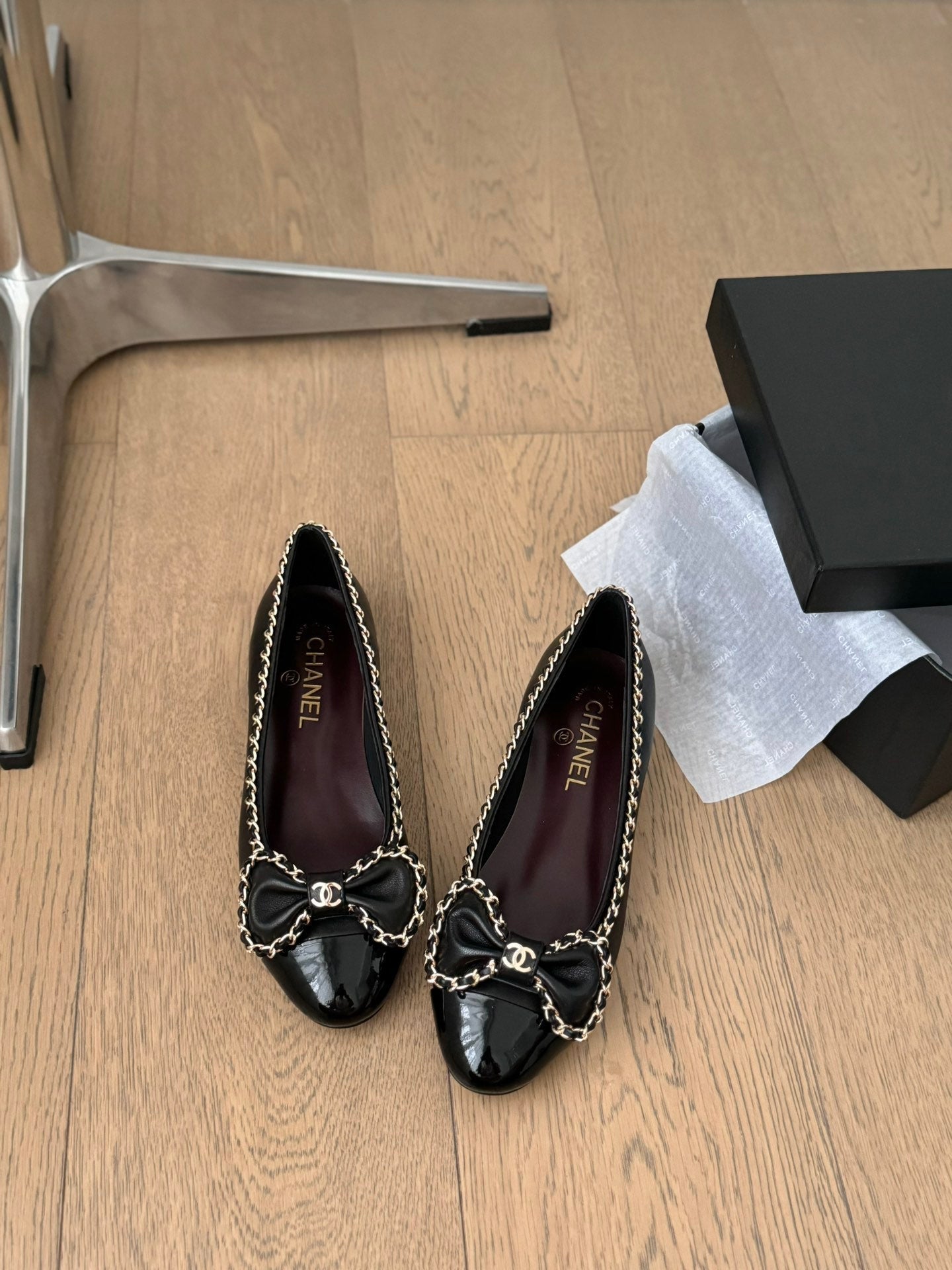 CHANEL Ballet Flats 25mm Black Chain Lambskin