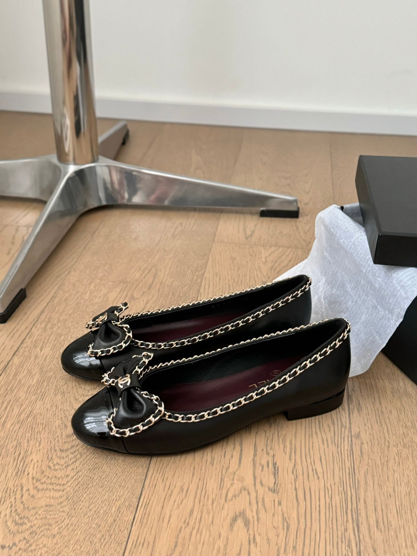CHANEL Ballet Flats 25mm Black Chain Lambskin