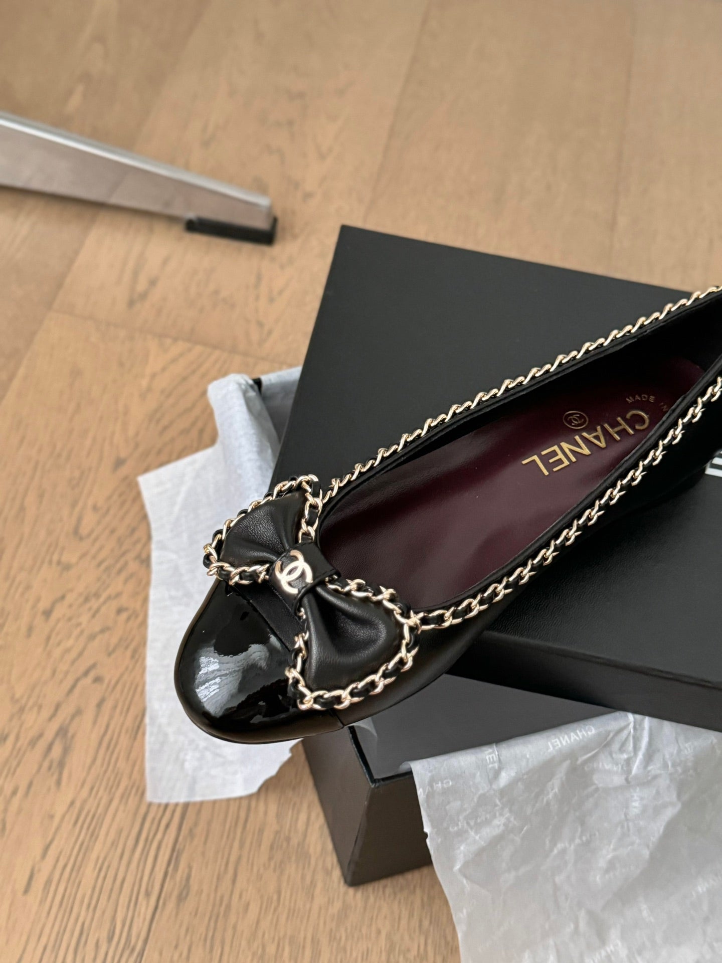 CHANEL Ballet Flats 25mm Black Chain Lambskin