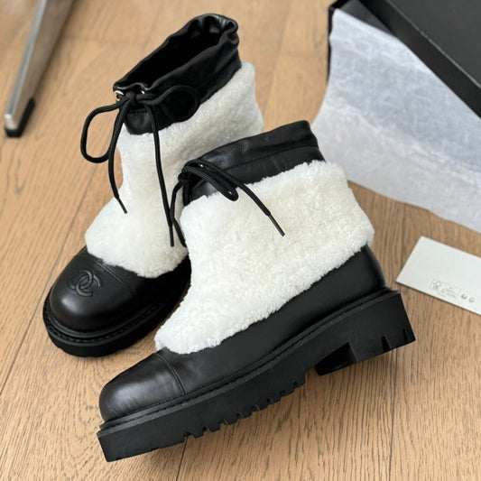 CHANEL Ankle Boots Black Mix White Calfskin And Fleece