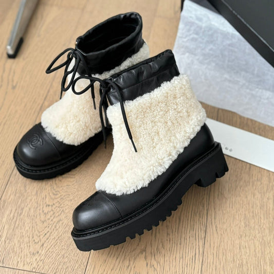 CHANEL Ankle Boots Black Mix Light Beige Calfskin And Fleece
