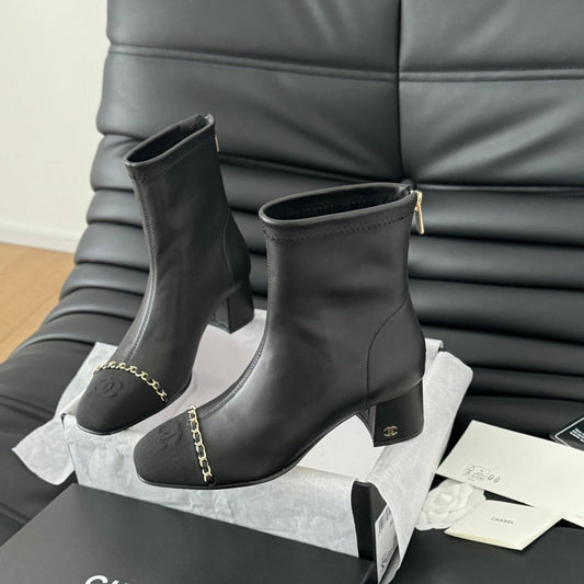 CHANEL Ankle Boot Black Calfskin Grosgrain Leather Strap