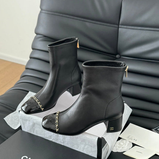 CHANEL Ankle Boot Black Calfskin Patent Calfskin