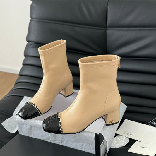 CHANEL Ankle Boot Beige Calfskin Black Patent Calfskin
