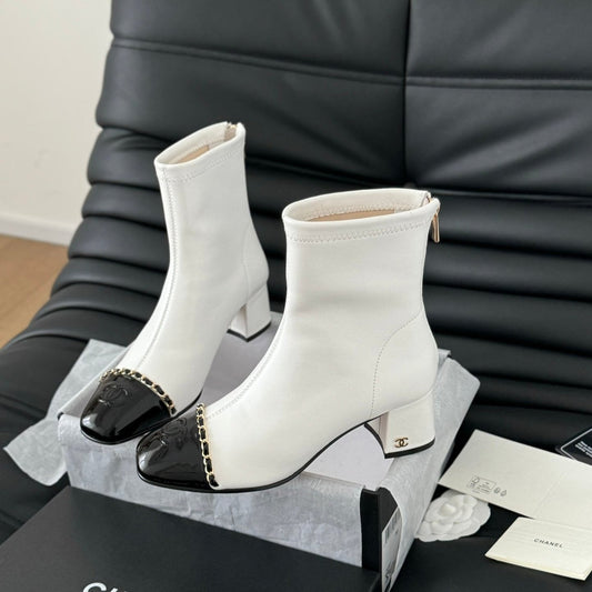 CHANEL Ankle Boot White Calfskin Black Patent Calfskin