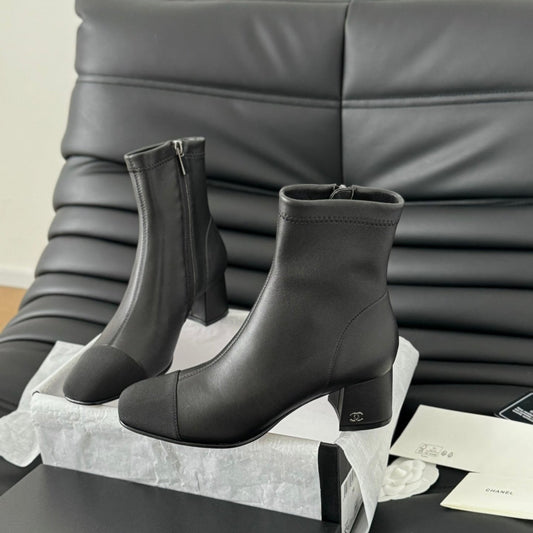 CHANEL Ankle Boot Black Calfskin Grosgrain