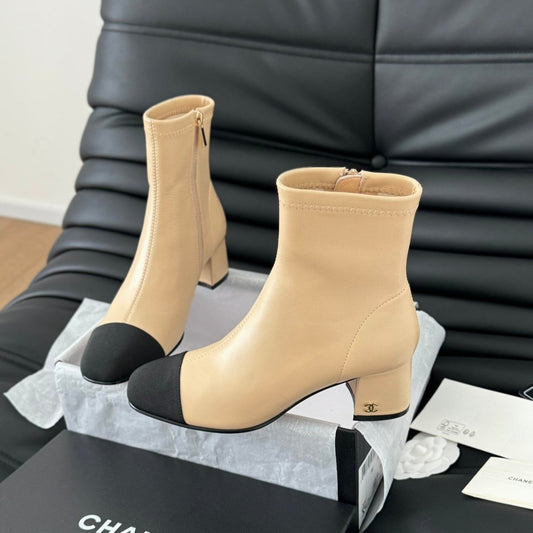 CHANEL Ankle Boot Beige Calfskin Black Grosgrain