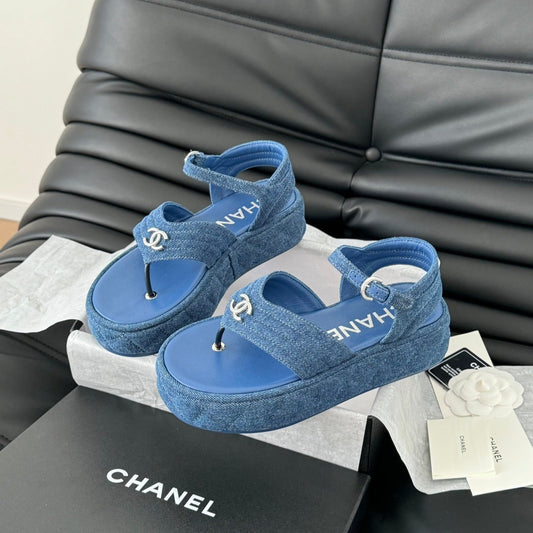 CHANEL 25S Slingback Sandal Blue Denim