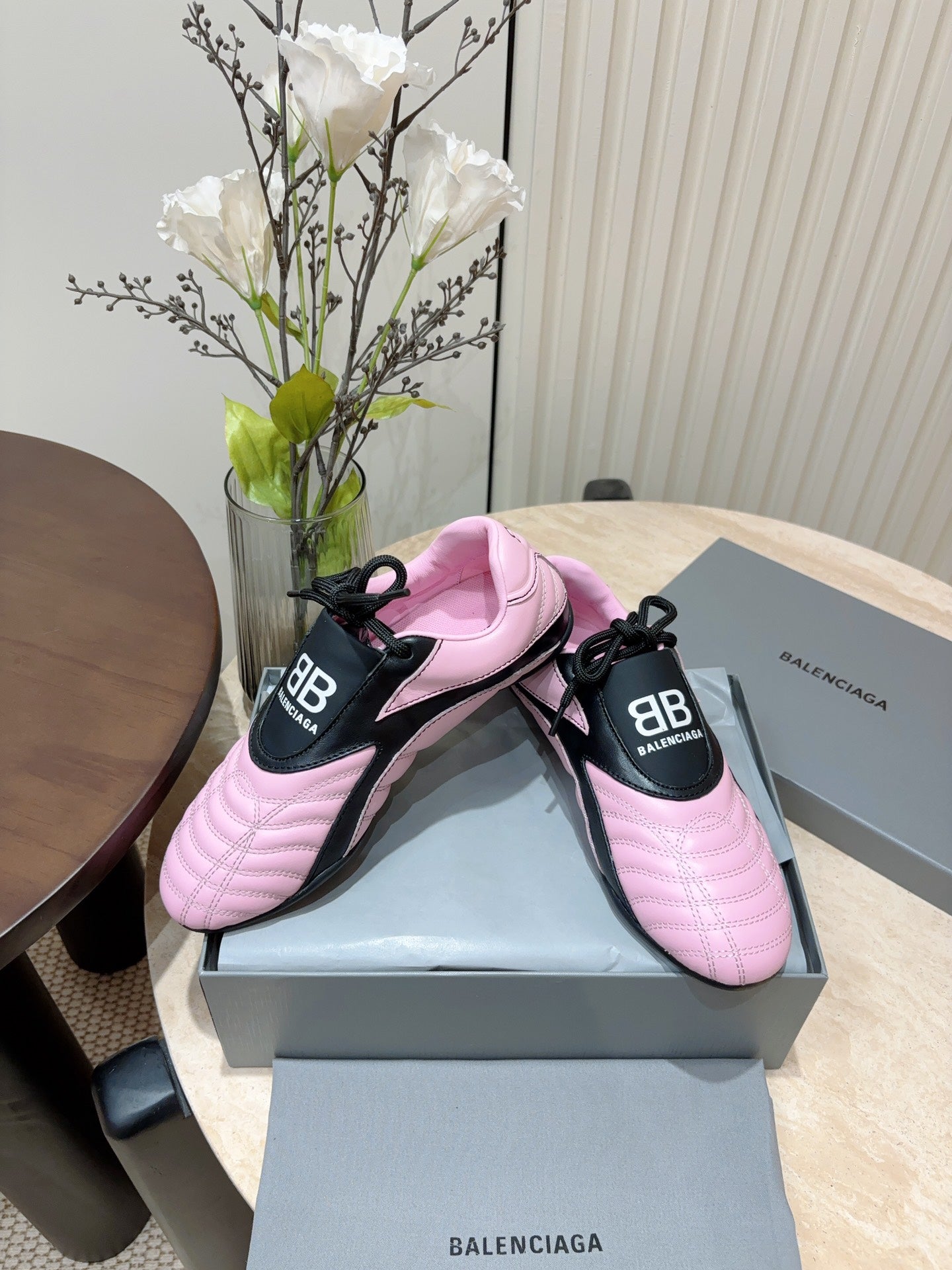 Balanciaga SOCCER SNEAKER IN PINK MIX BLACK QUILTED LAMBSKIN