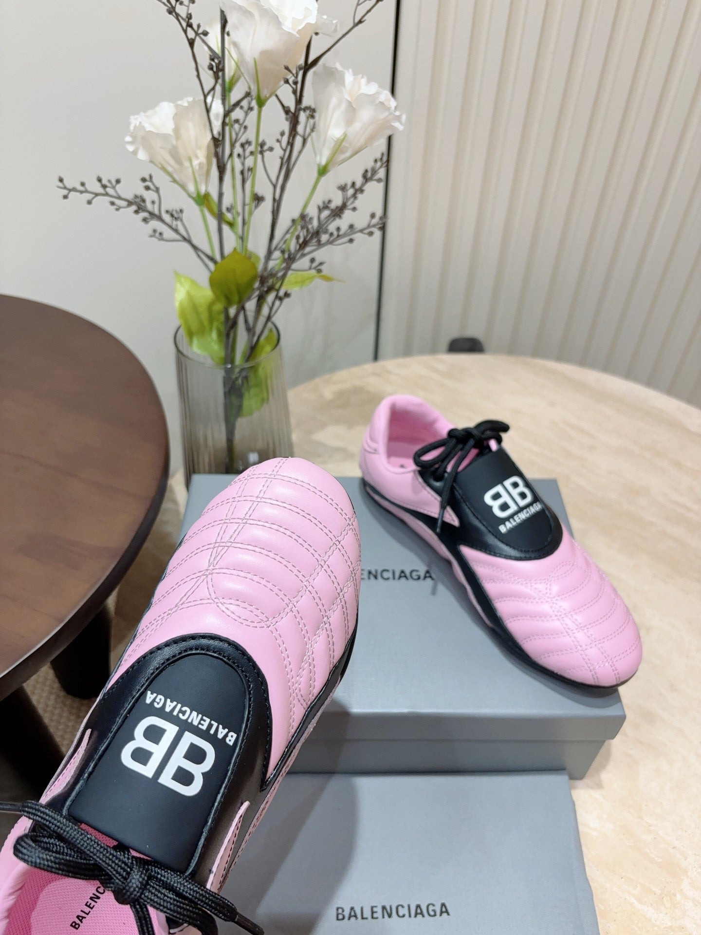 Balanciaga SOCCER SNEAKER IN PINK MIX BLACK QUILTED LAMBSKIN