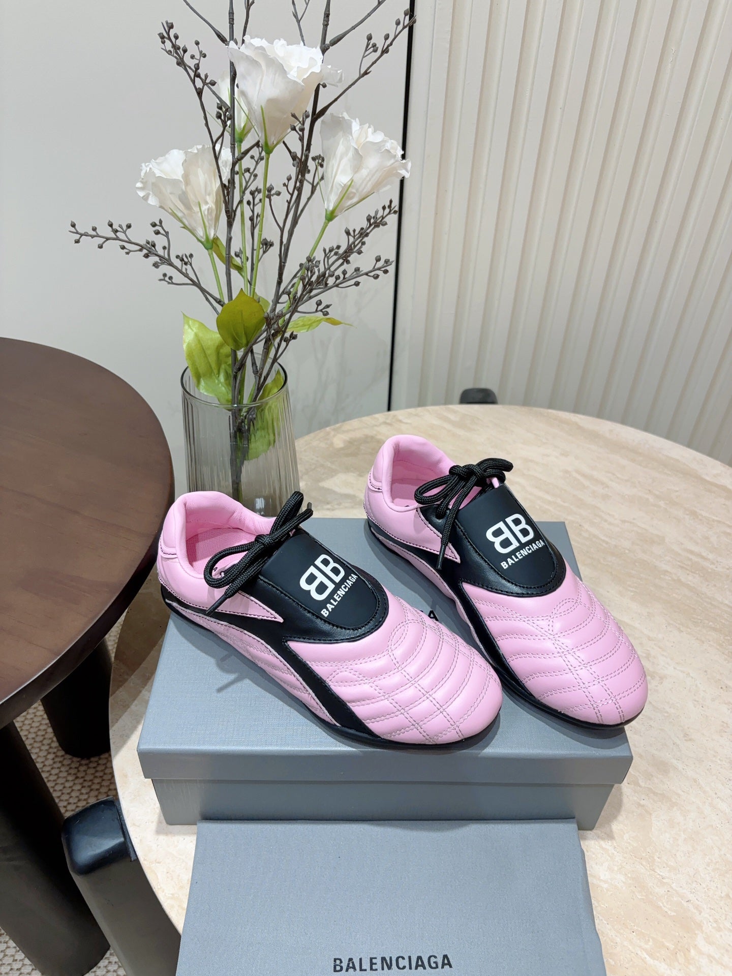 Balanciaga SOCCER SNEAKER IN PINK MIX BLACK QUILTED LAMBSKIN