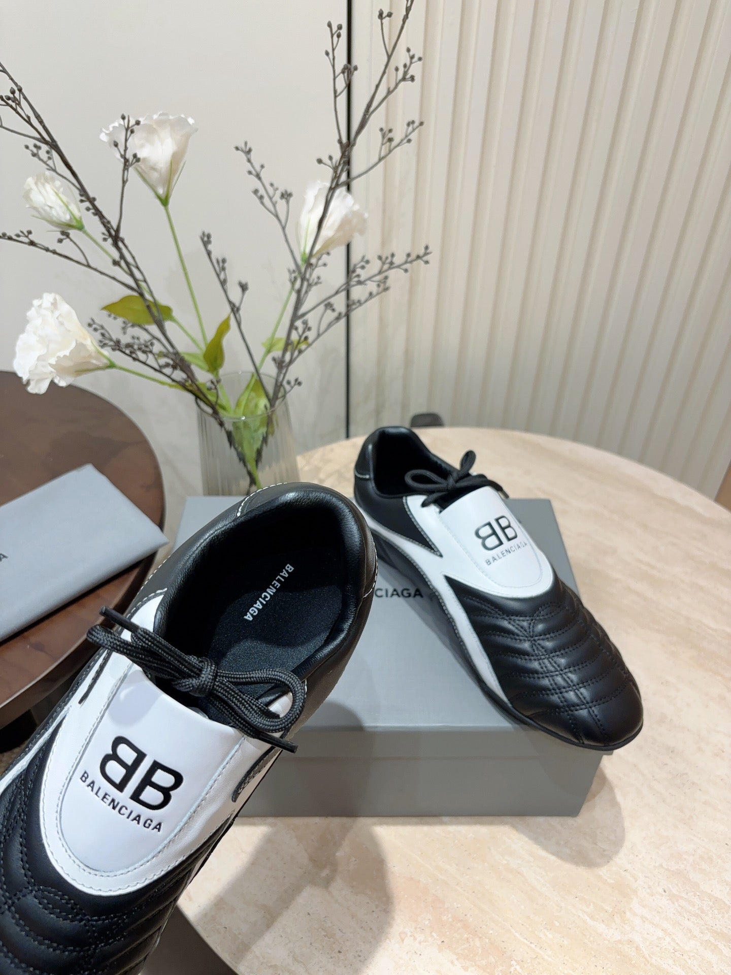 Balanciaga SOCCER SNEAKER IN BLACK MIX WHITE QUILTED LAMBSKIN