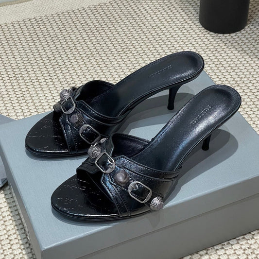 Balanciaga CAGOLE HIGH MULES IN BLACK OIL-WAX SHEEPSKIN