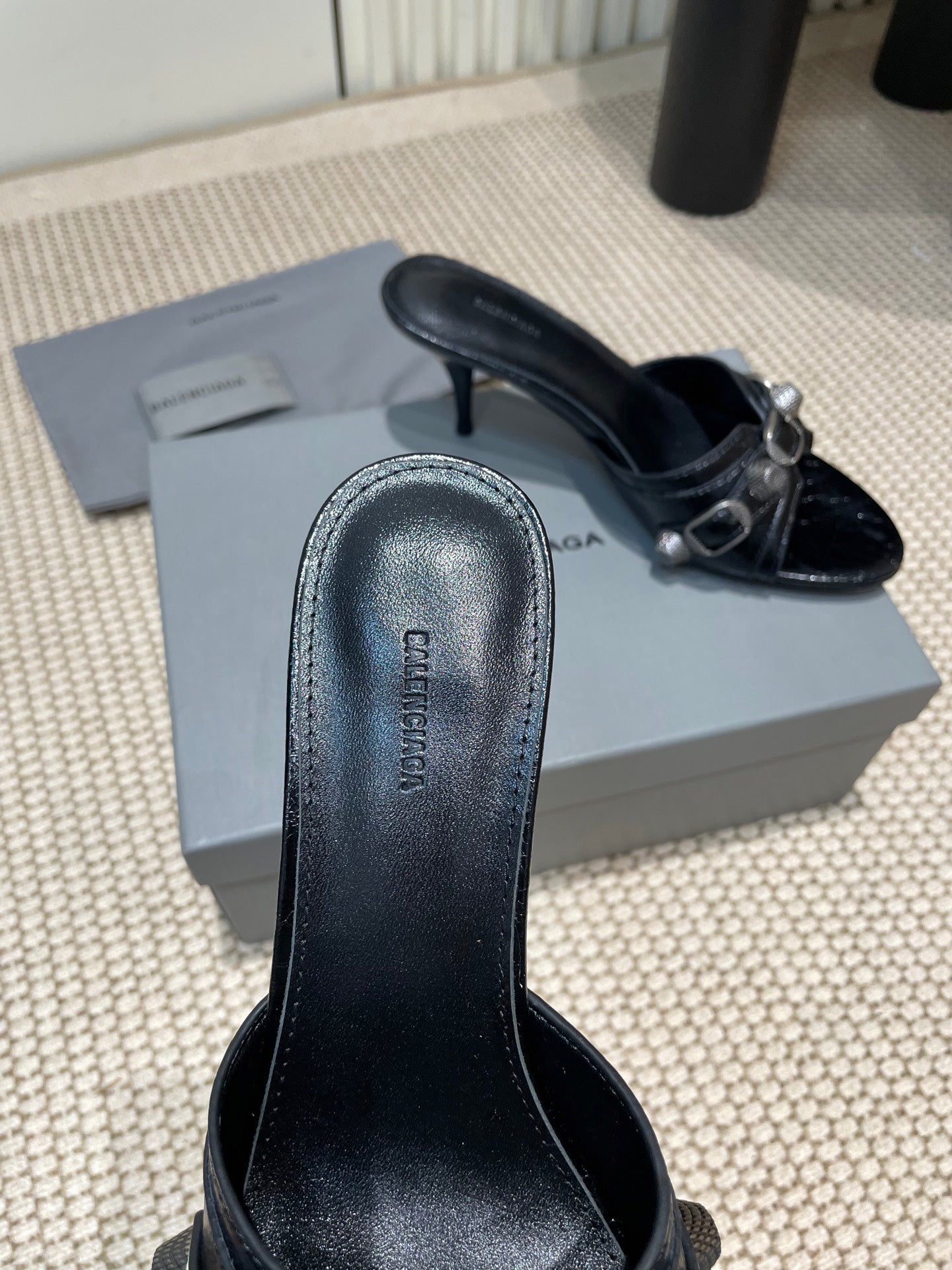Balanciaga CAGOLE HIGH MULES IN BLACK OIL-WAX SHEEPSKIN