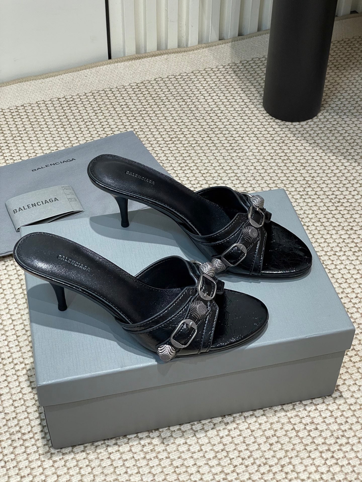 Balanciaga CAGOLE HIGH MULES IN BLACK OIL-WAX SHEEPSKIN