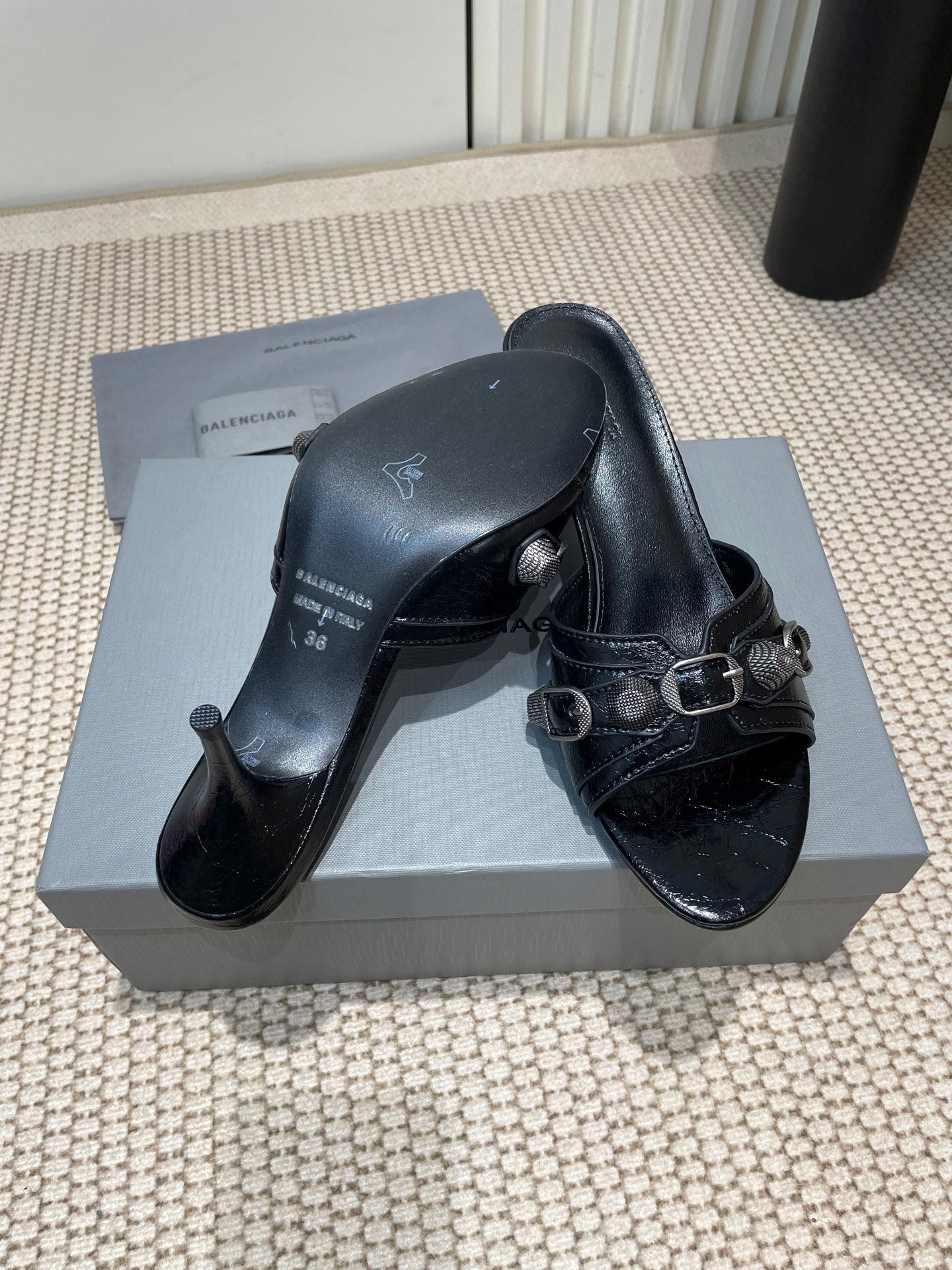 Balanciaga CAGOLE HIGH MULES IN BLACK OIL-WAX SHEEPSKIN