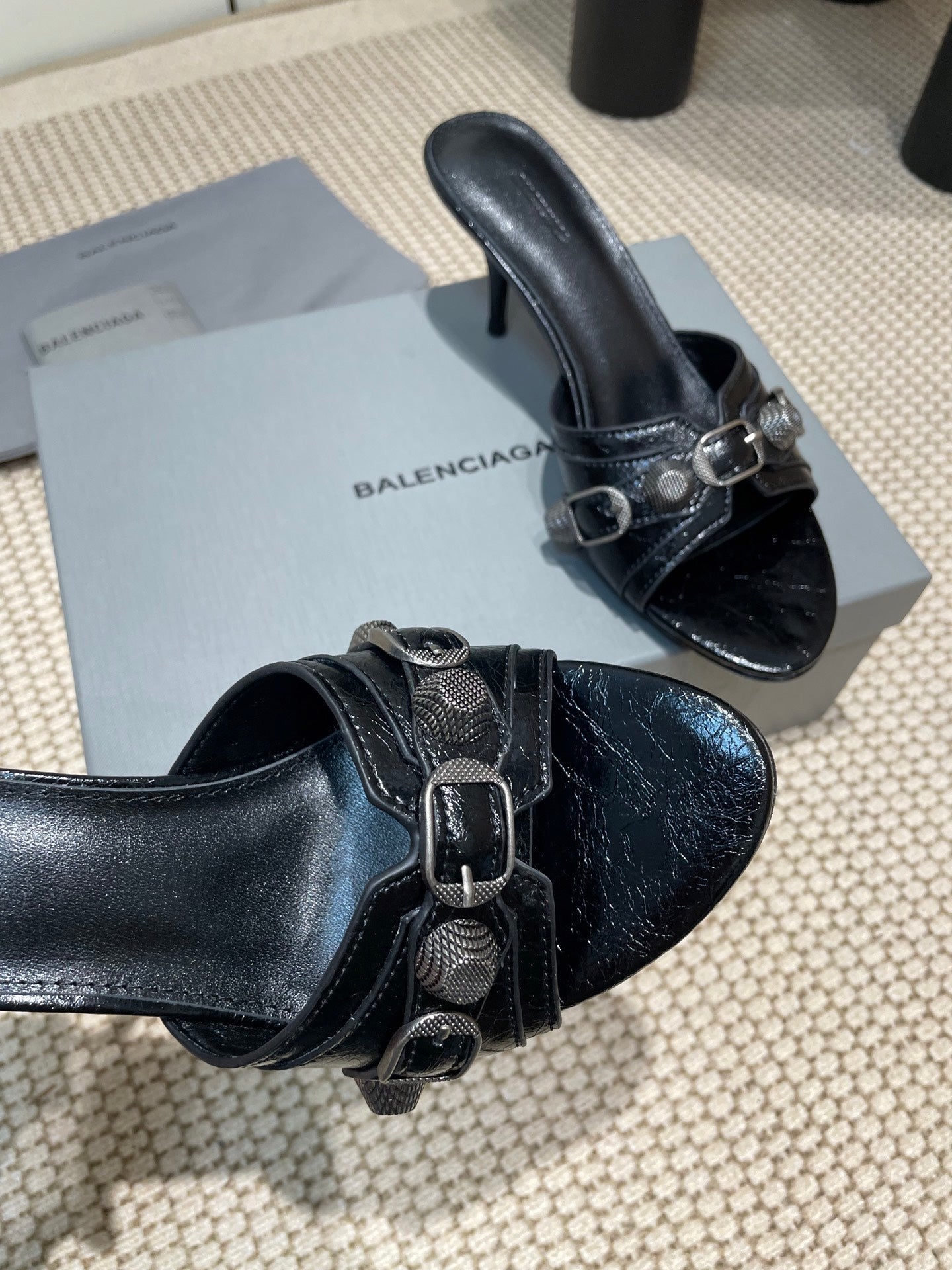 Balanciaga CAGOLE HIGH MULES IN BLACK OIL-WAX SHEEPSKIN