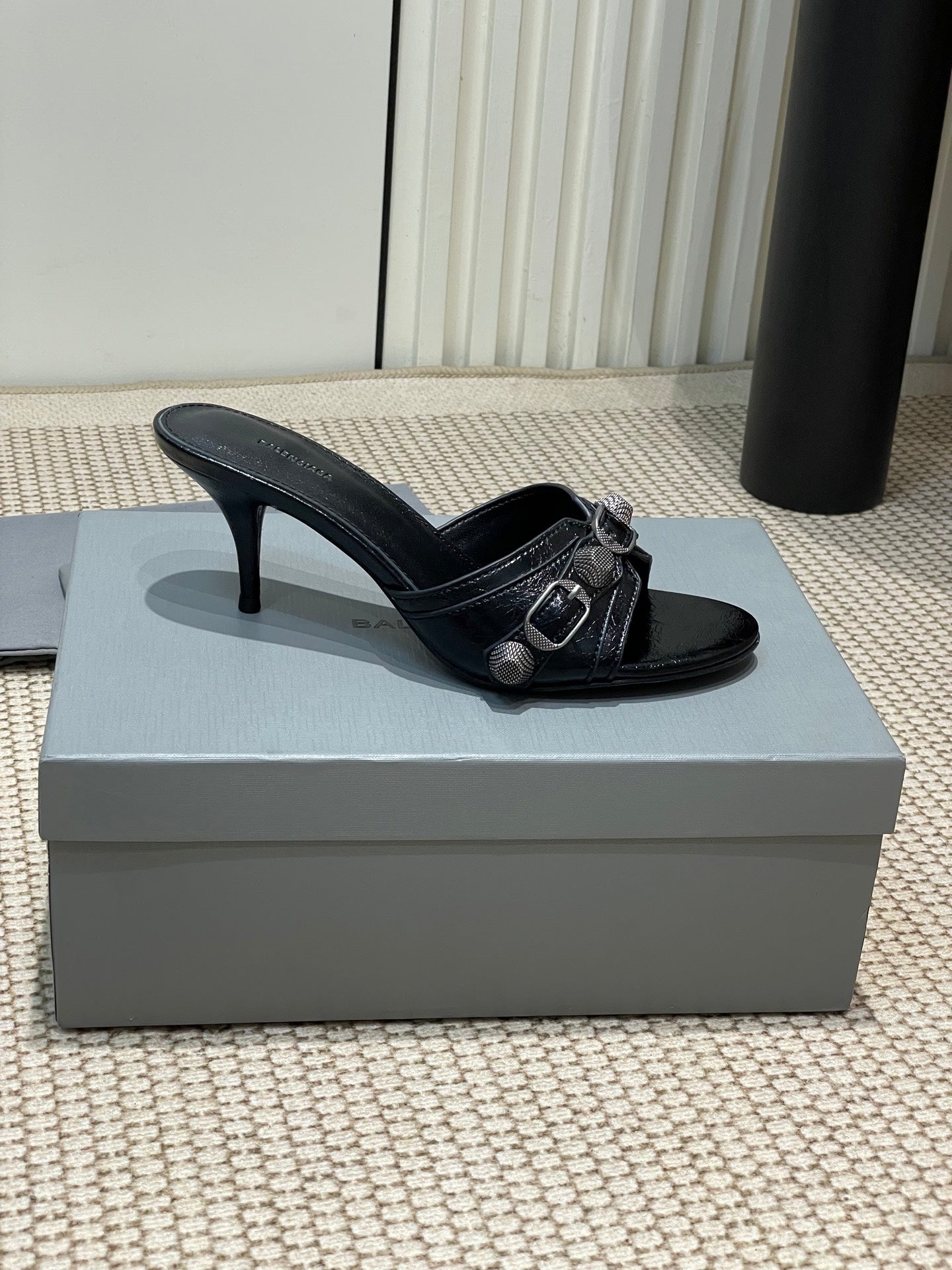 Balanciaga CAGOLE HIGH MULES IN BLACK OIL-WAX SHEEPSKIN
