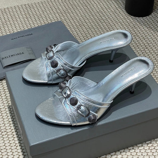 Balanciaga CAGOLE HIGH MULES IN SILVER OIL-WAX SHEEPSKIN