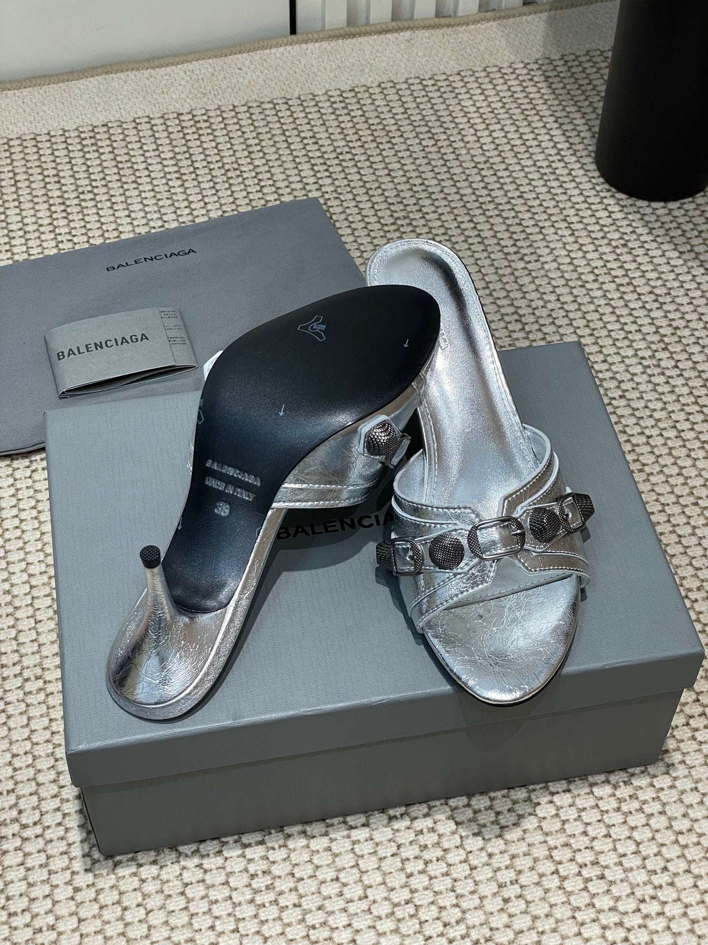 Balanciaga CAGOLE HIGH MULES IN SILVER OIL-WAX SHEEPSKIN