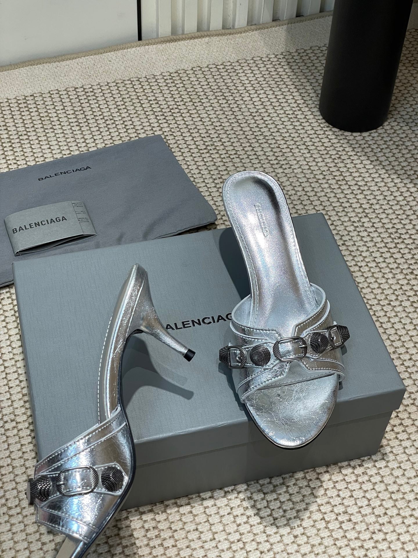 Balanciaga CAGOLE HIGH MULES IN SILVER OIL-WAX SHEEPSKIN