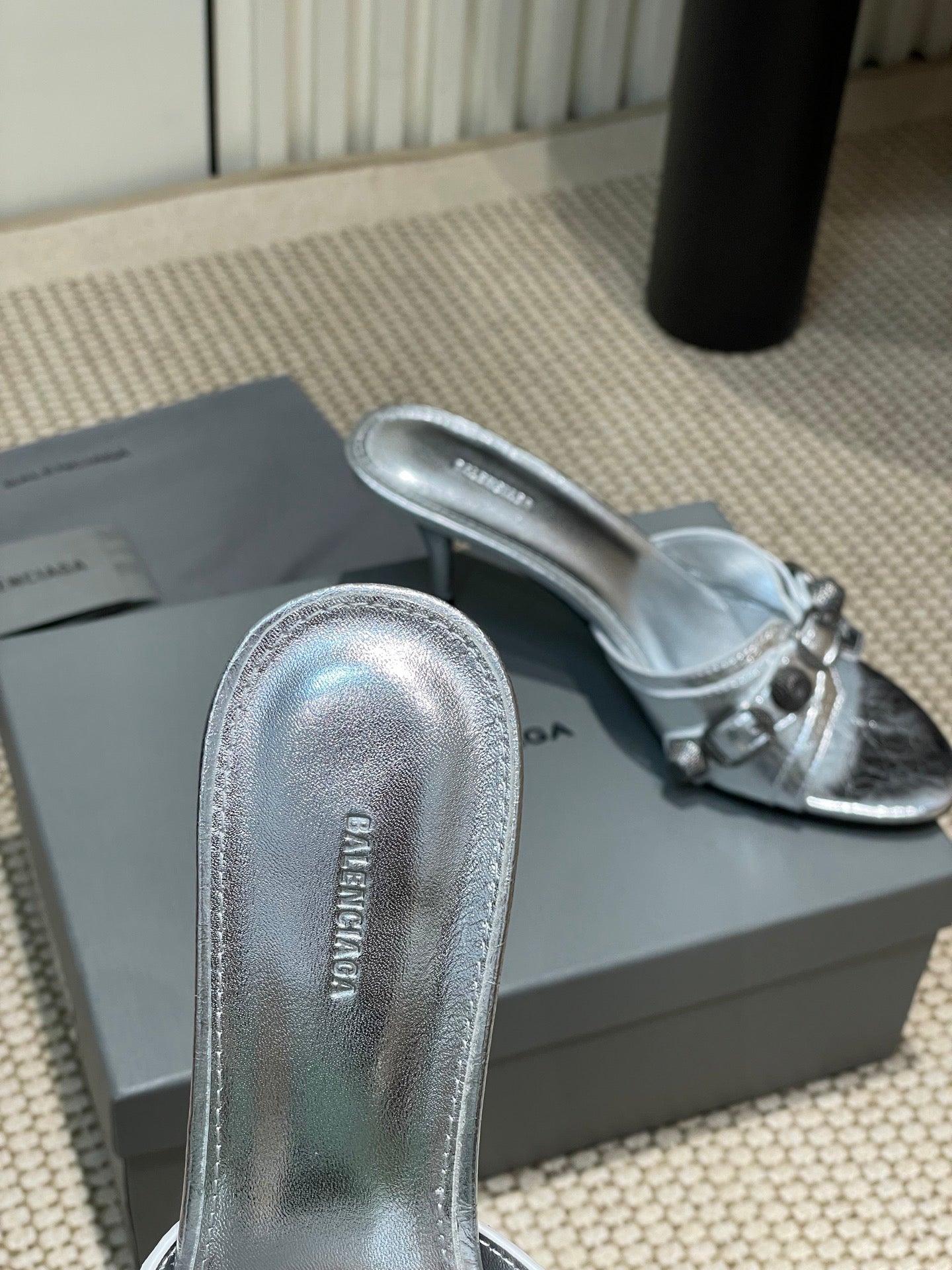 Balanciaga CAGOLE HIGH MULES IN SILVER OIL-WAX SHEEPSKIN