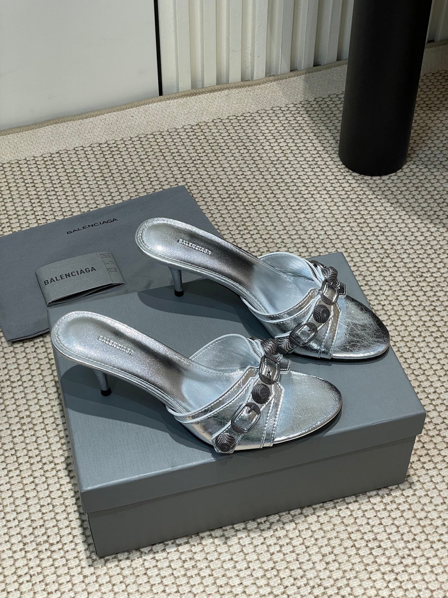 Balanciaga CAGOLE HIGH MULES IN SILVER OIL-WAX SHEEPSKIN