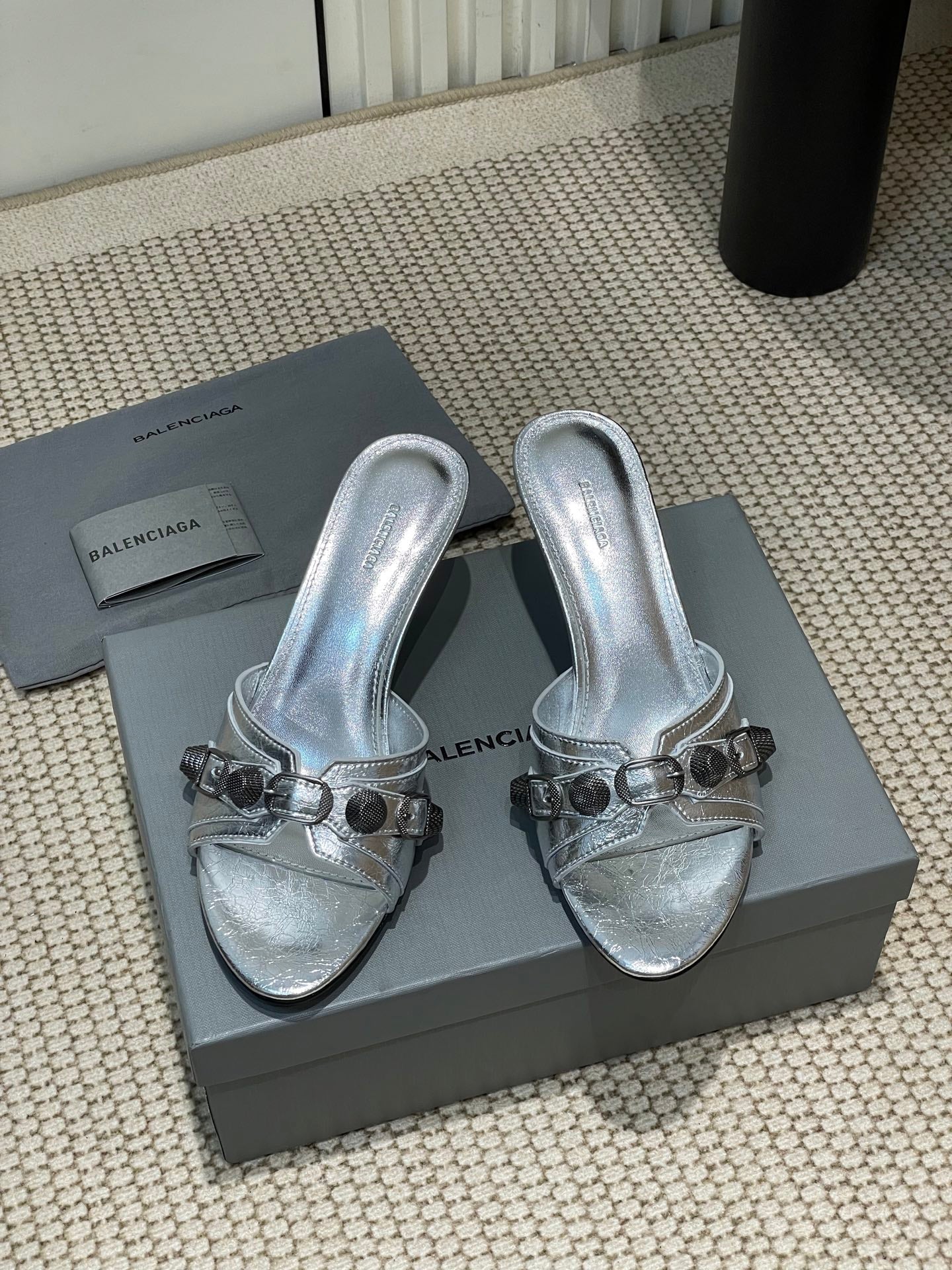 Balanciaga CAGOLE HIGH MULES IN SILVER OIL-WAX SHEEPSKIN