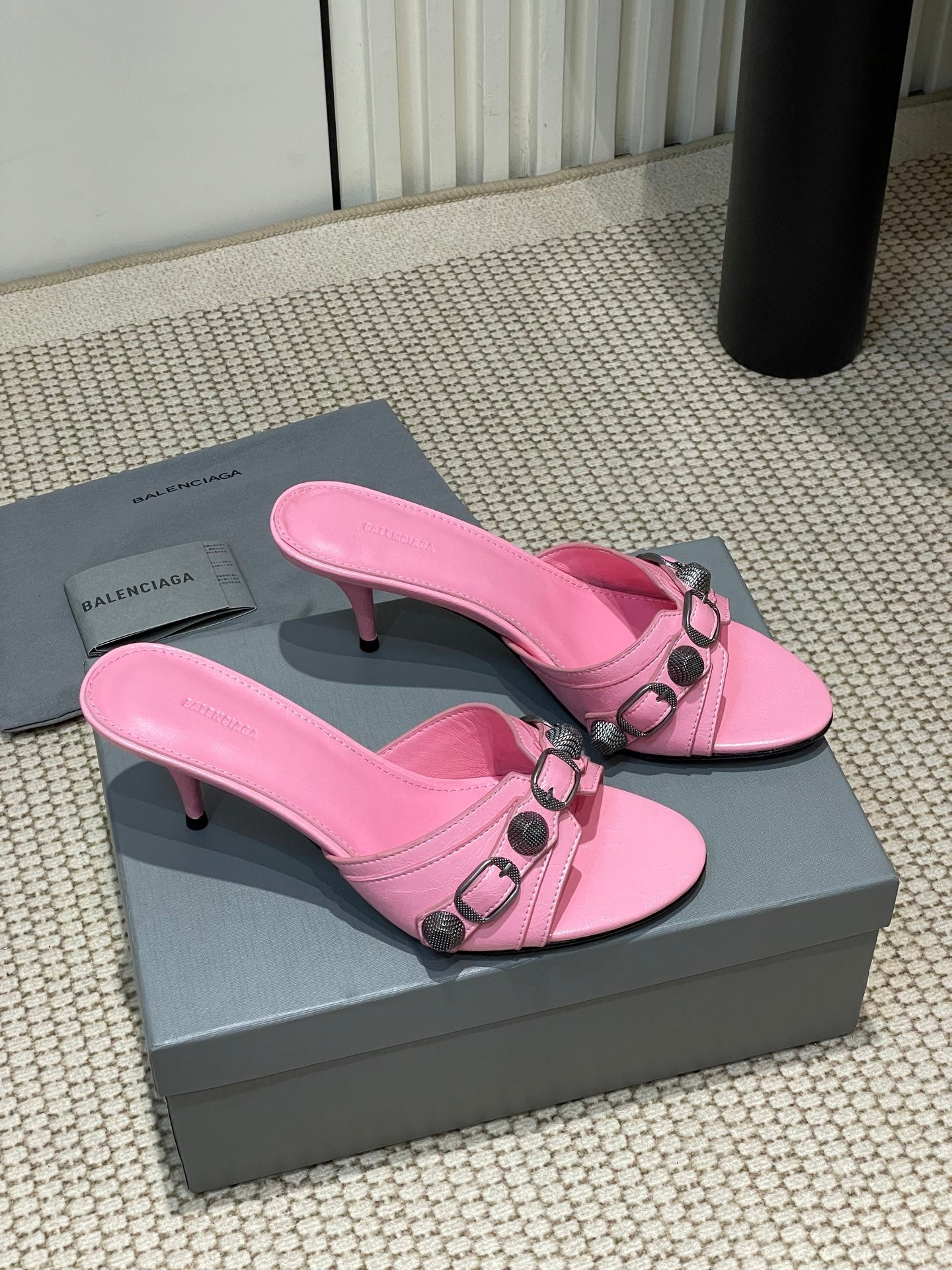 Balanciaga CAGOLE HIGH MULES IN SHOCKING PINK OIL-WAX SHEEPSKIN