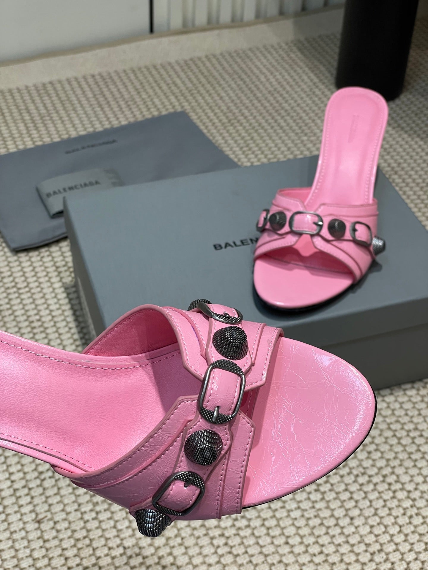 Balanciaga CAGOLE HIGH MULES IN SHOCKING PINK OIL-WAX SHEEPSKIN