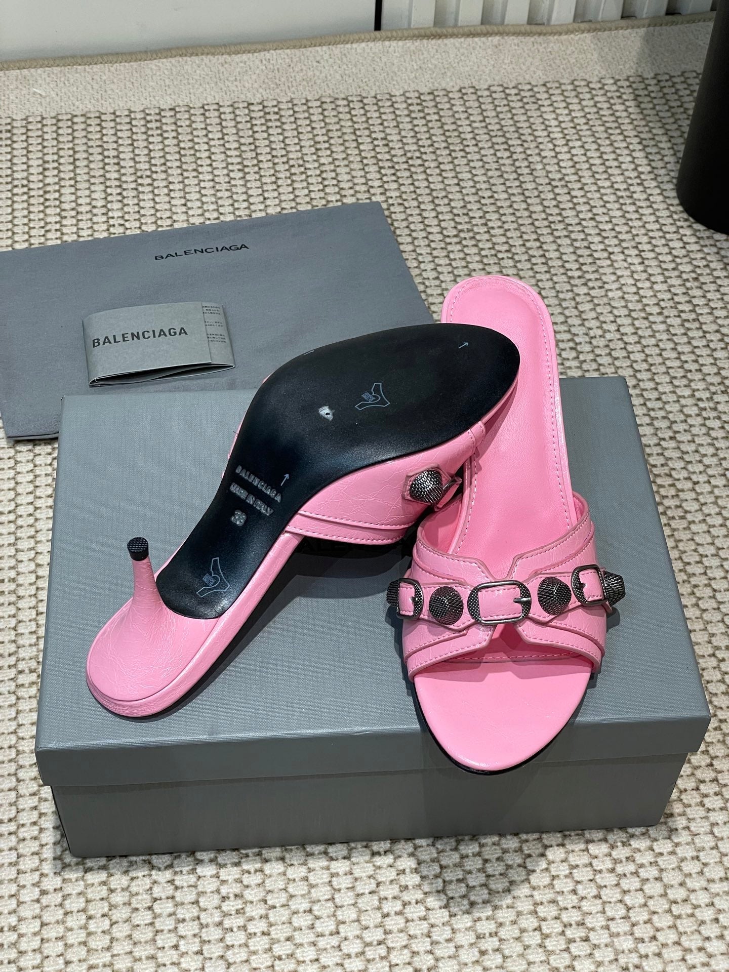 Balanciaga CAGOLE HIGH MULES IN SHOCKING PINK OIL-WAX SHEEPSKIN