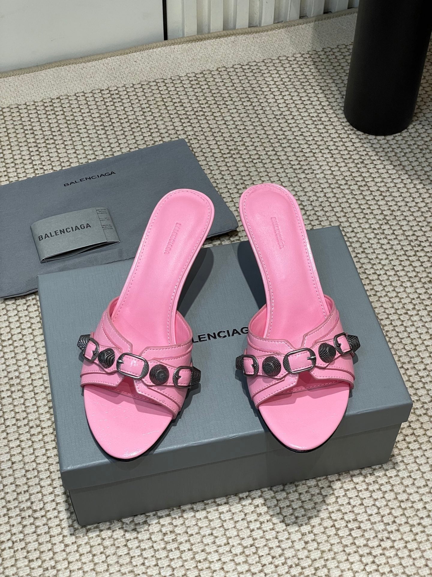 Balanciaga CAGOLE HIGH MULES IN SHOCKING PINK OIL-WAX SHEEPSKIN