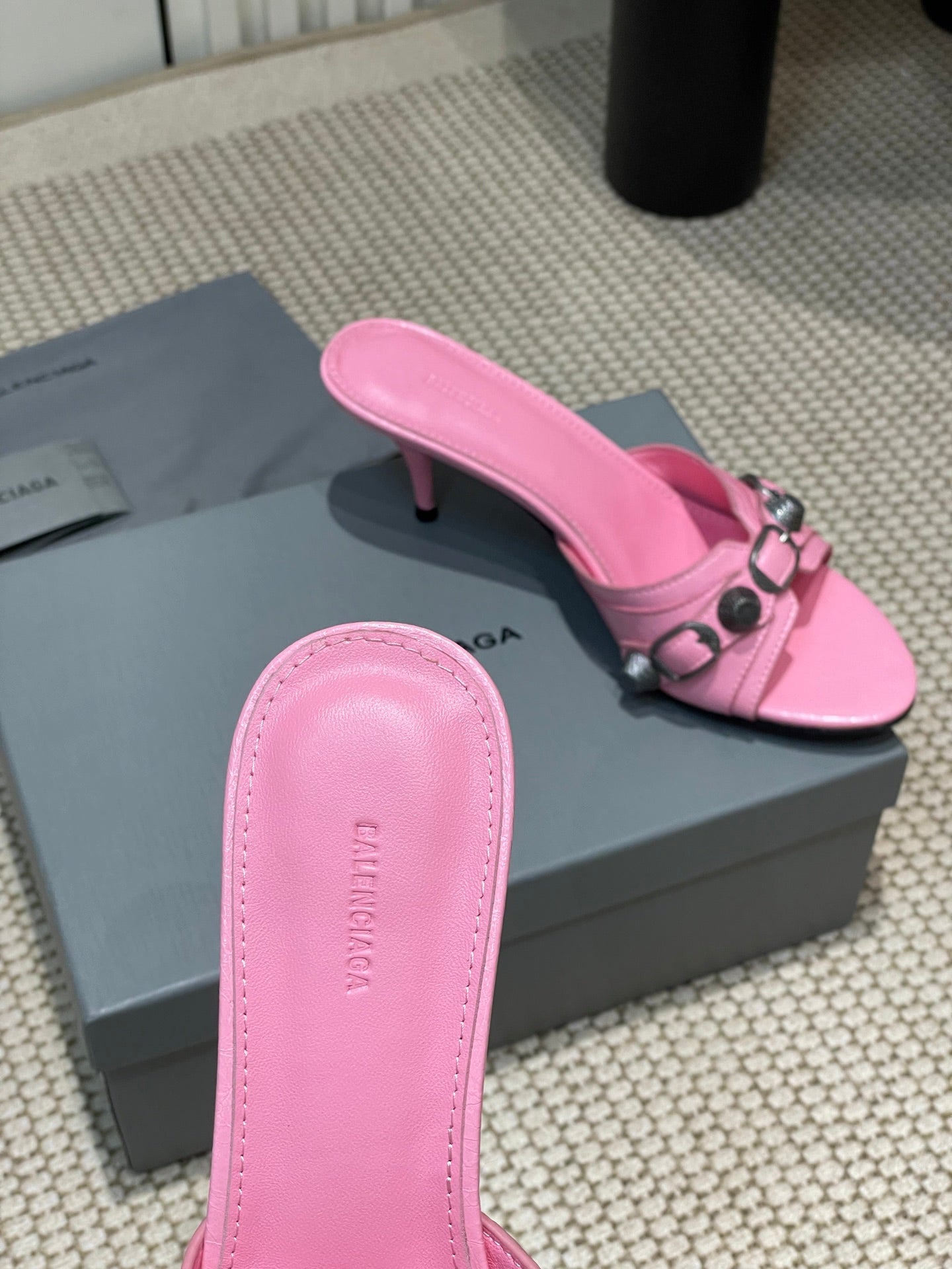 Balanciaga CAGOLE HIGH MULES IN SHOCKING PINK OIL-WAX SHEEPSKIN