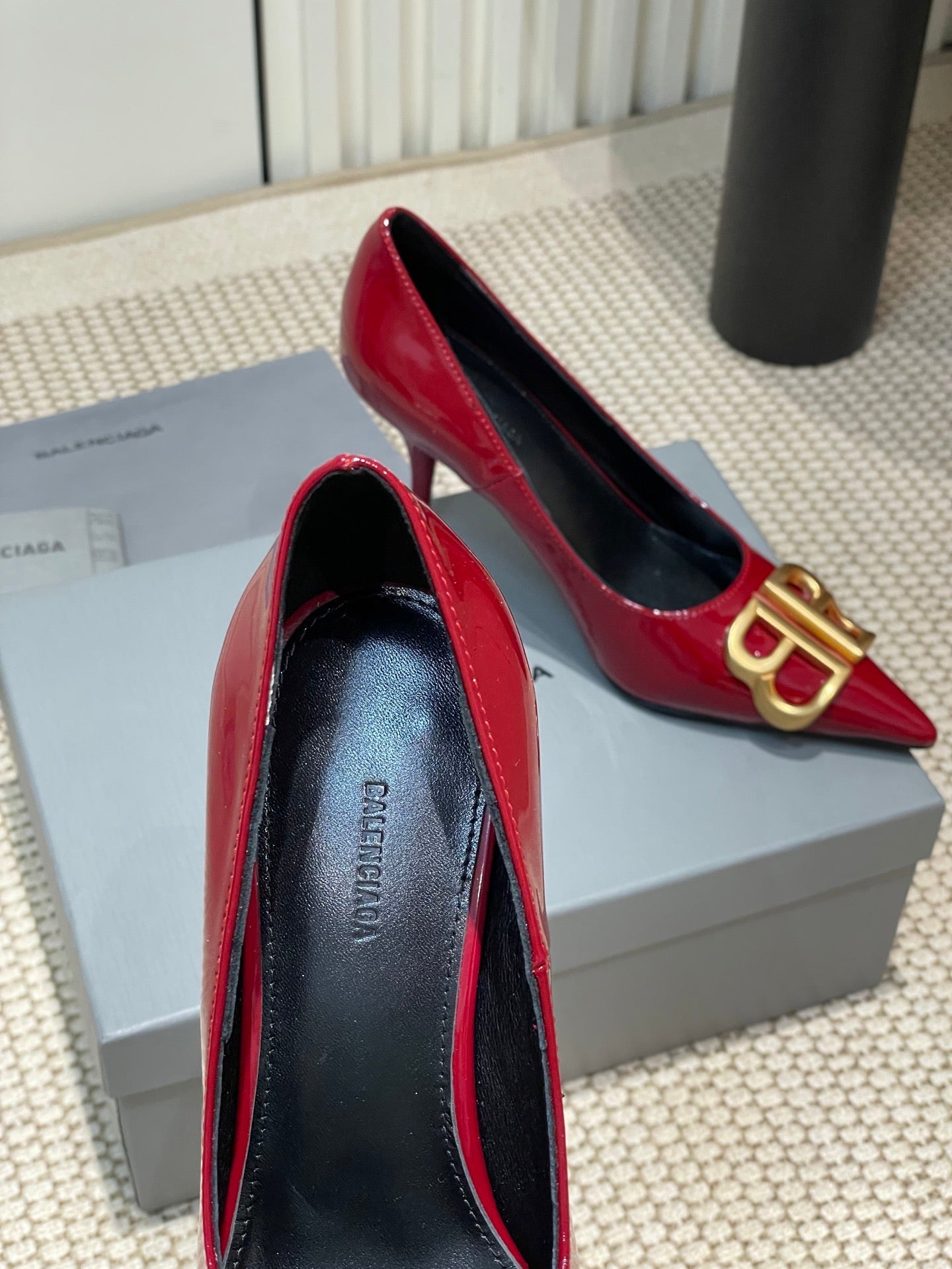 Balanciaga POINTED BB GOLD BUCKLE HIGH PUMPS 80MM IN RED PATENT CALFSKIN