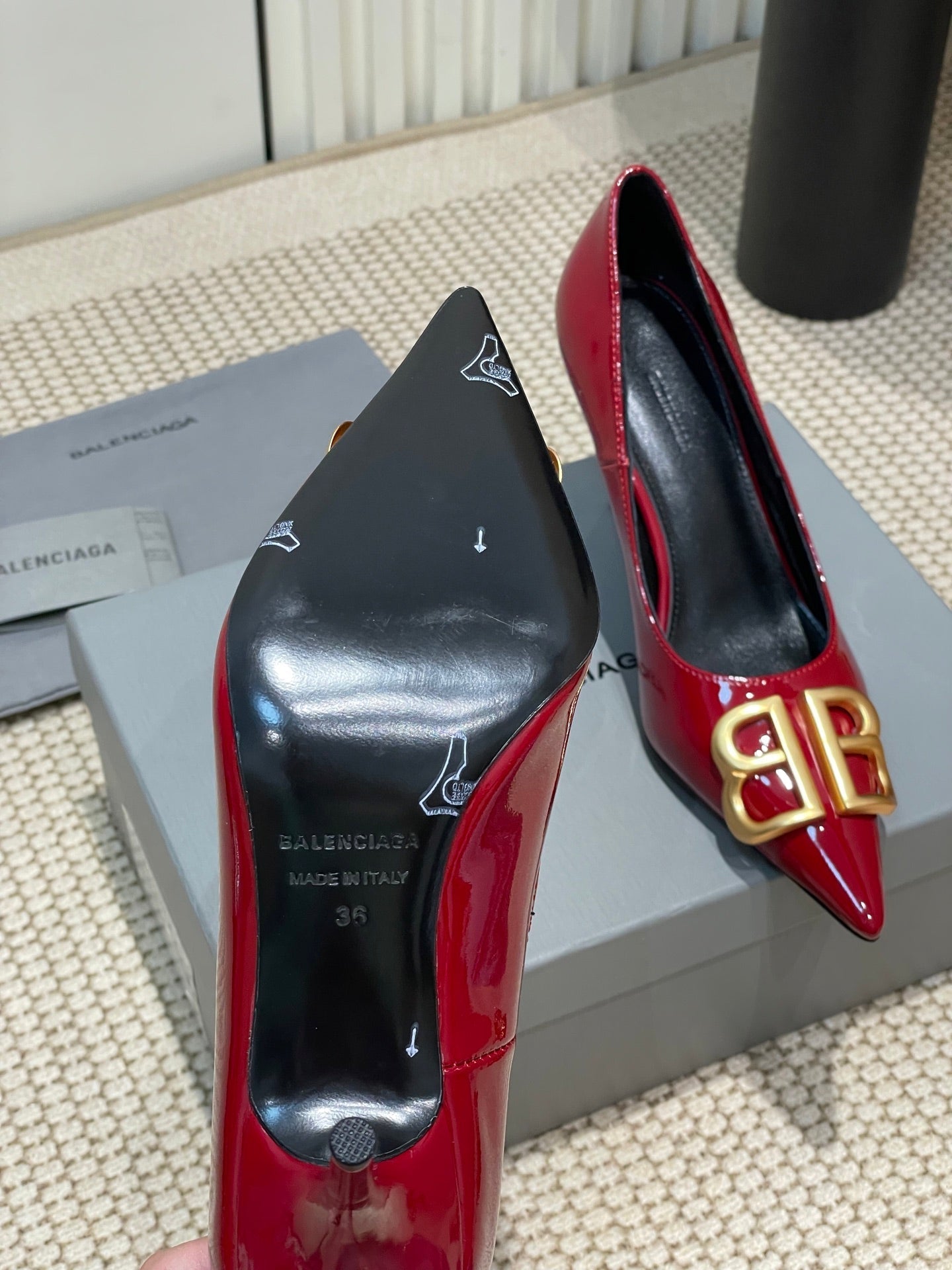 Balanciaga POINTED BB GOLD BUCKLE HIGH PUMPS 80MM IN RED PATENT CALFSKIN