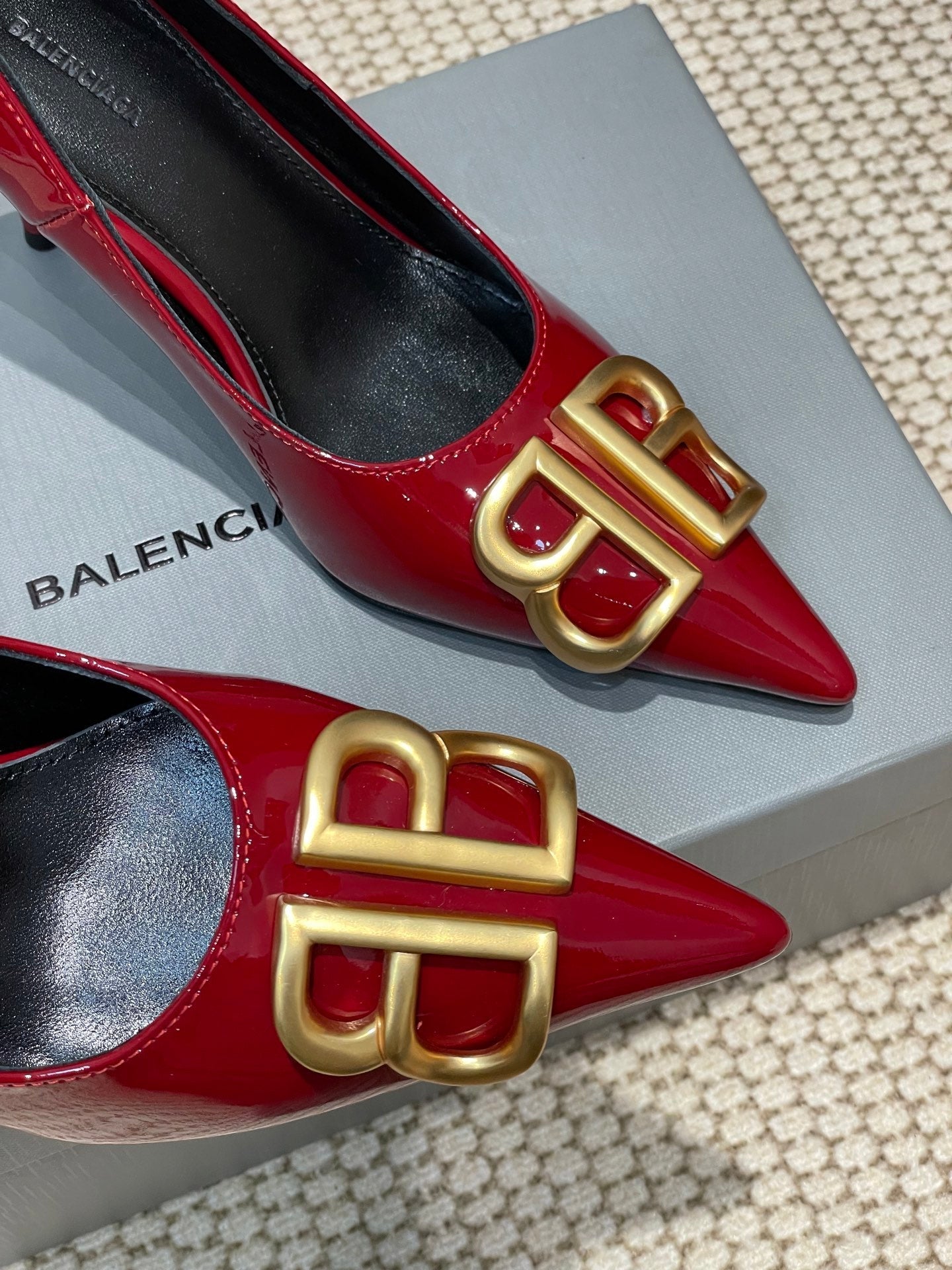 Balanciaga POINTED BB GOLD BUCKLE HIGH PUMPS 80MM IN RED PATENT CALFSKIN