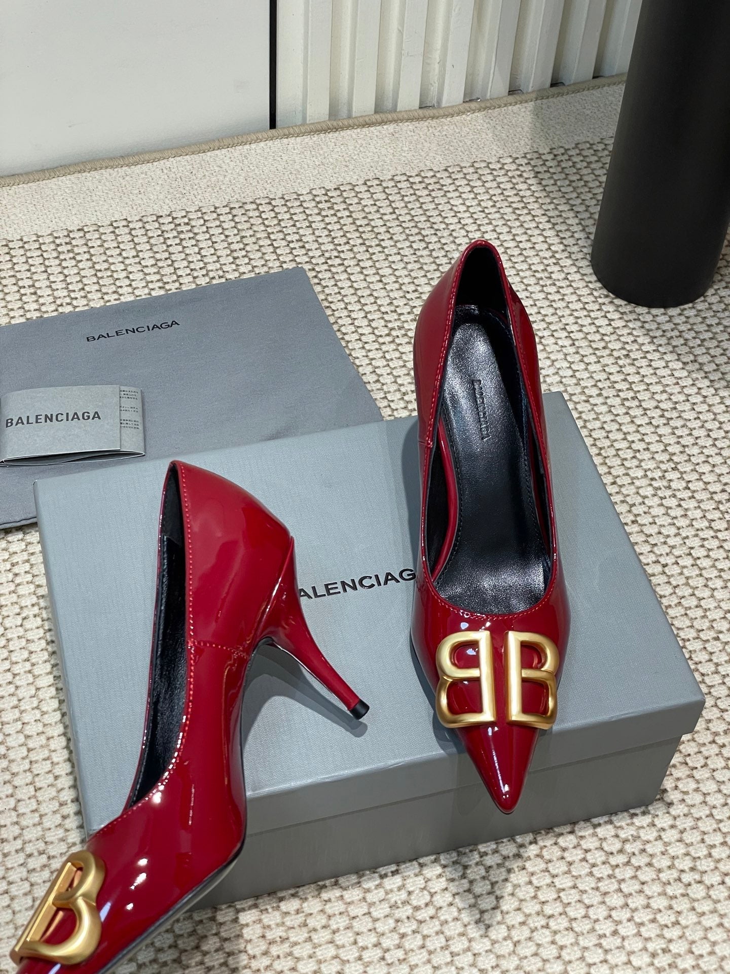 Balanciaga POINTED BB GOLD BUCKLE HIGH PUMPS 80MM IN RED PATENT CALFSKIN