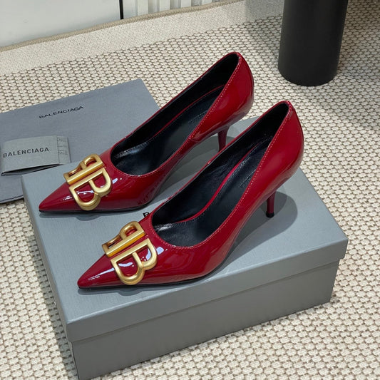 Balanciaga POINTED BB GOLD BUCKLE HIGH PUMPS 80MM IN RED PATENT CALFSKIN