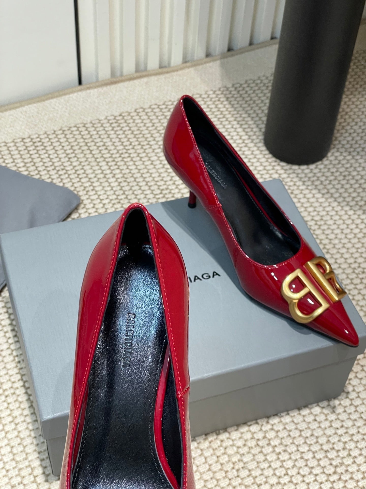 Balanciaga POINTED BB GOLD BUCKLE HIGH PUMPS 60MM IN RED PATENT CALFSKIN