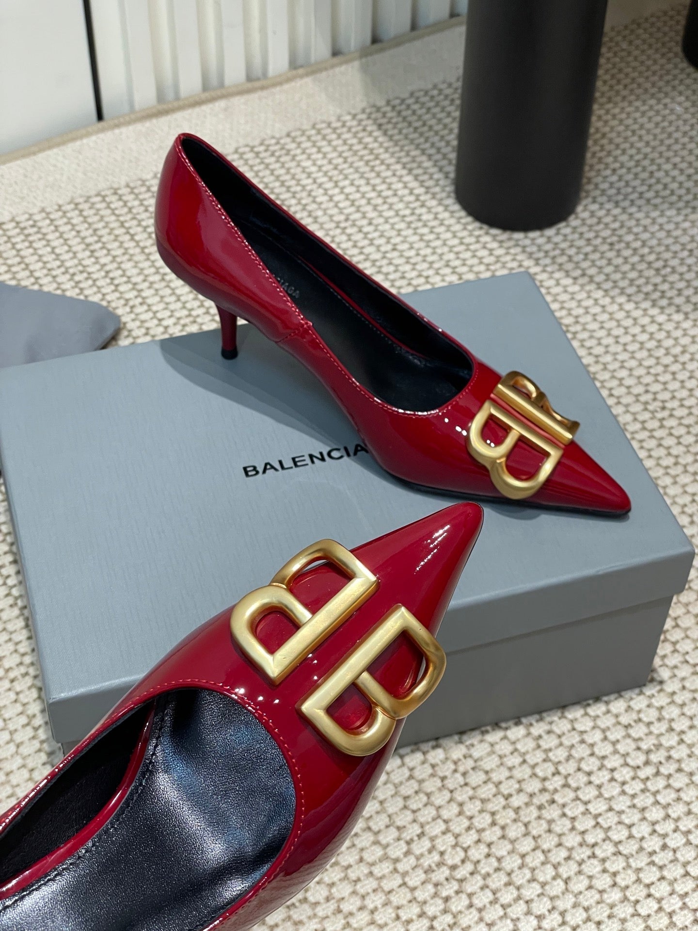 Balanciaga POINTED BB GOLD BUCKLE HIGH PUMPS 60MM IN RED PATENT CALFSKIN