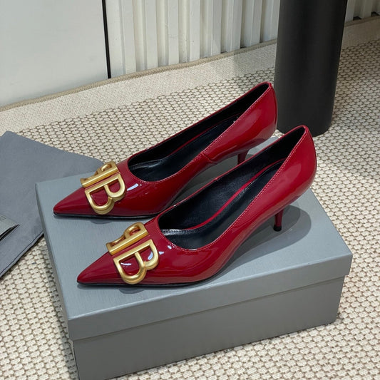 Balanciaga POINTED BB GOLD BUCKLE HIGH PUMPS 60MM IN RED PATENT CALFSKIN
