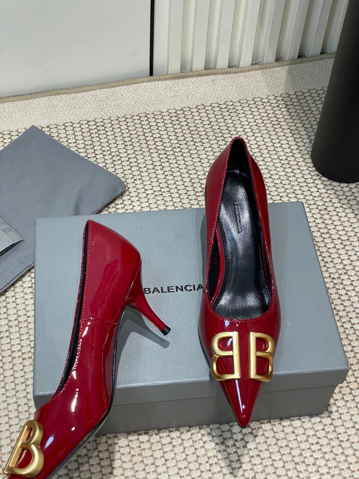Balanciaga POINTED BB GOLD BUCKLE HIGH PUMPS 60MM IN RED PATENT CALFSKIN