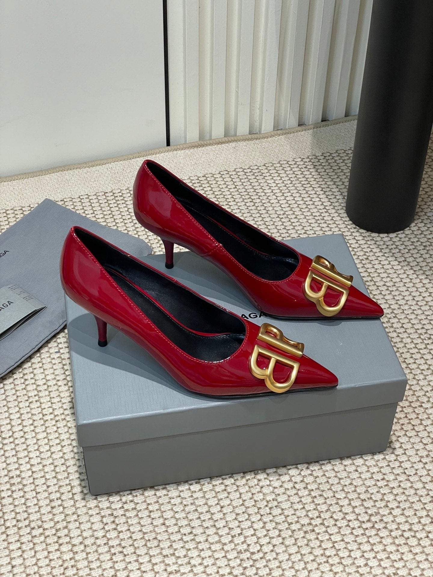 Balanciaga POINTED BB GOLD BUCKLE HIGH PUMPS 60MM IN RED PATENT CALFSKIN
