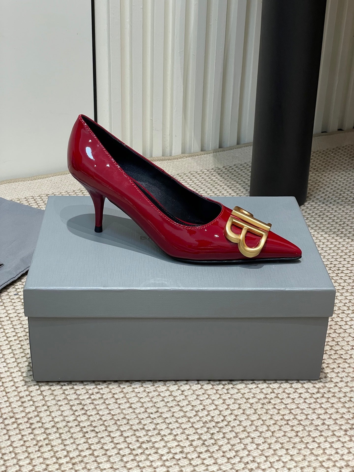 Balanciaga POINTED BB GOLD BUCKLE HIGH PUMPS 60MM IN RED PATENT CALFSKIN
