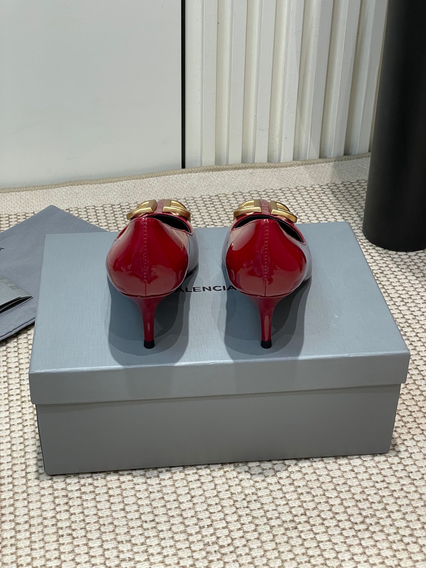Balanciaga POINTED BB GOLD BUCKLE HIGH PUMPS 60MM IN RED PATENT CALFSKIN
