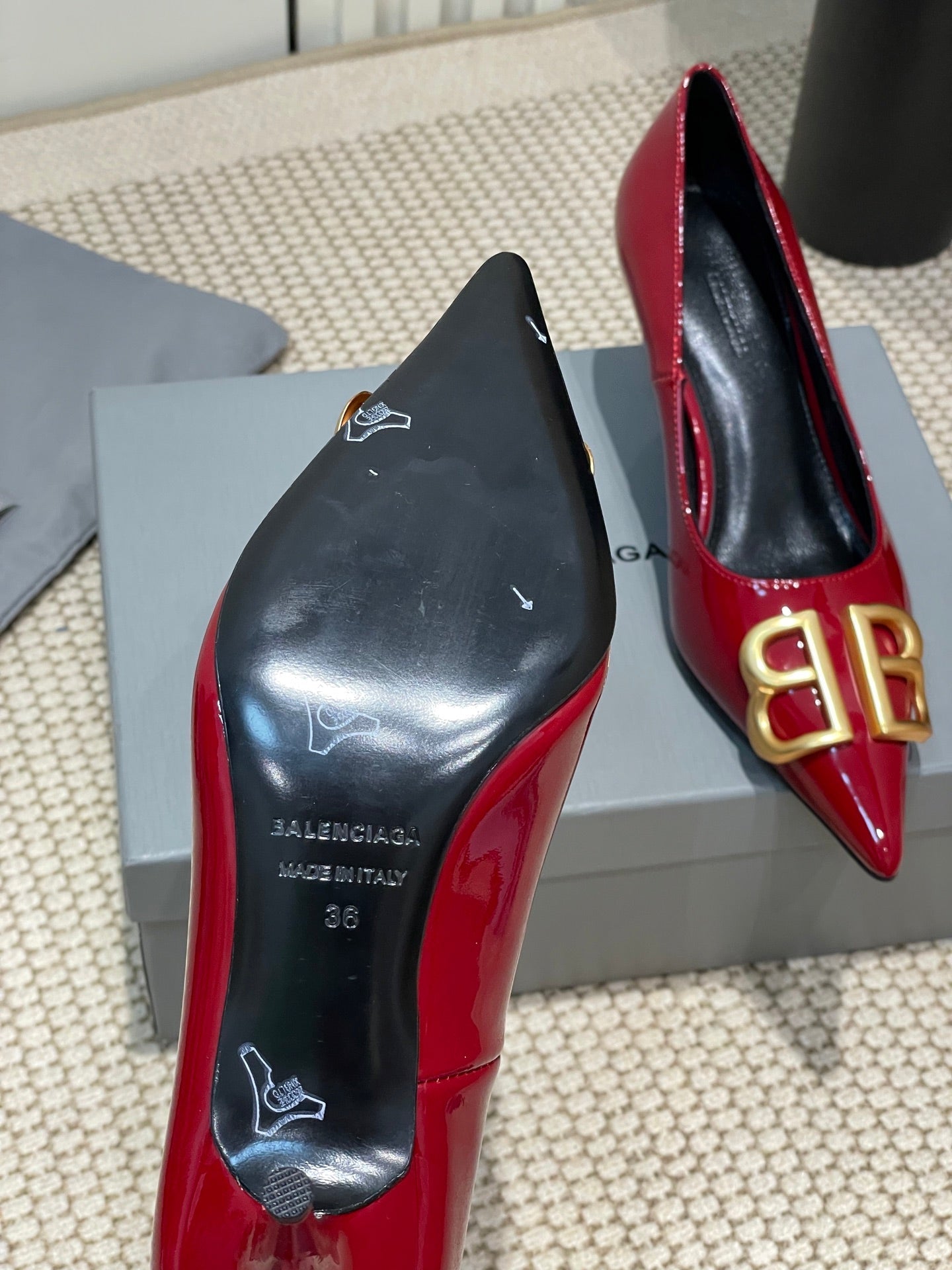 Balanciaga POINTED BB GOLD BUCKLE HIGH PUMPS 60MM IN RED PATENT CALFSKIN
