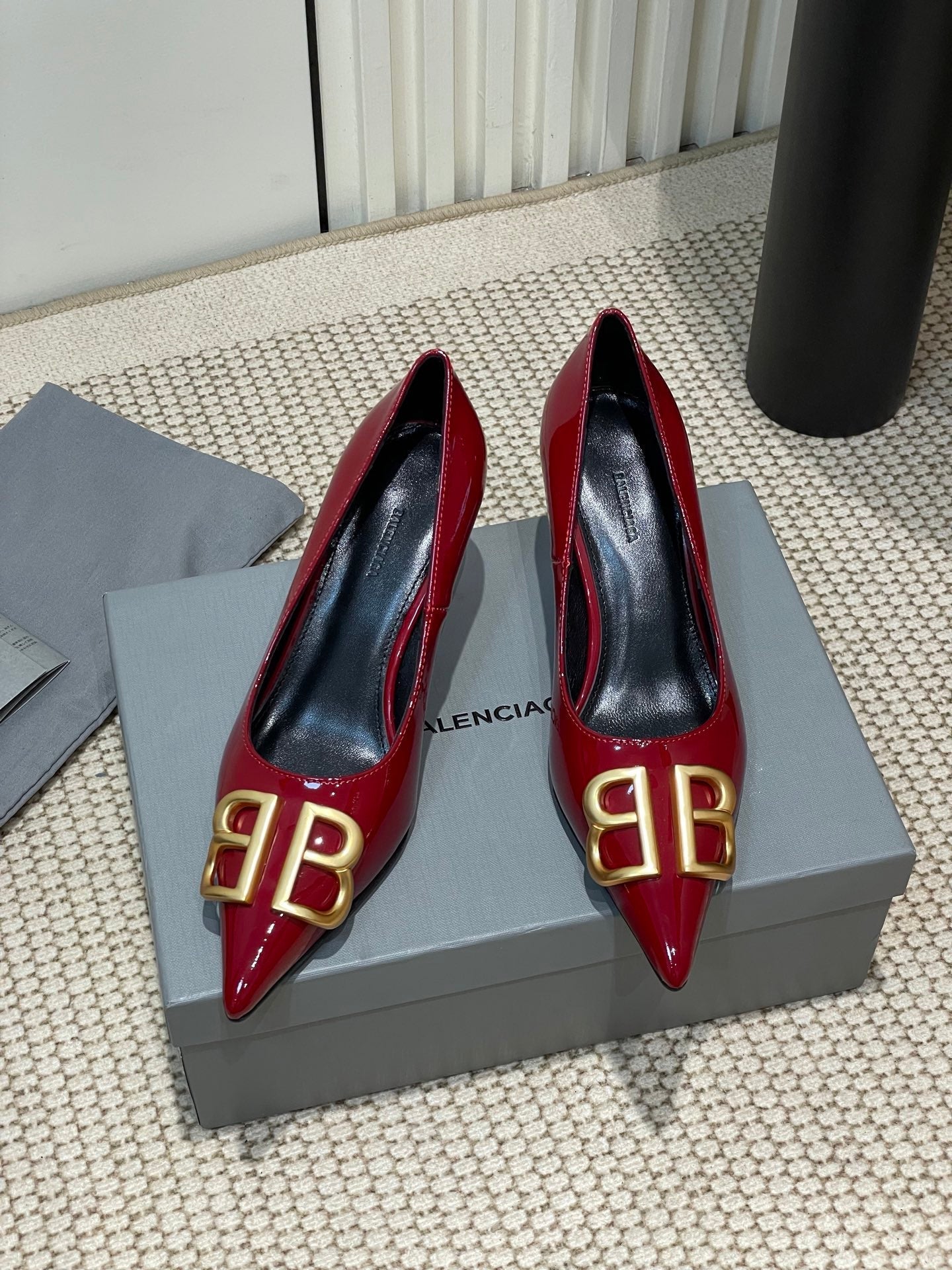 Balanciaga POINTED BB GOLD BUCKLE HIGH PUMPS 60MM IN RED PATENT CALFSKIN
