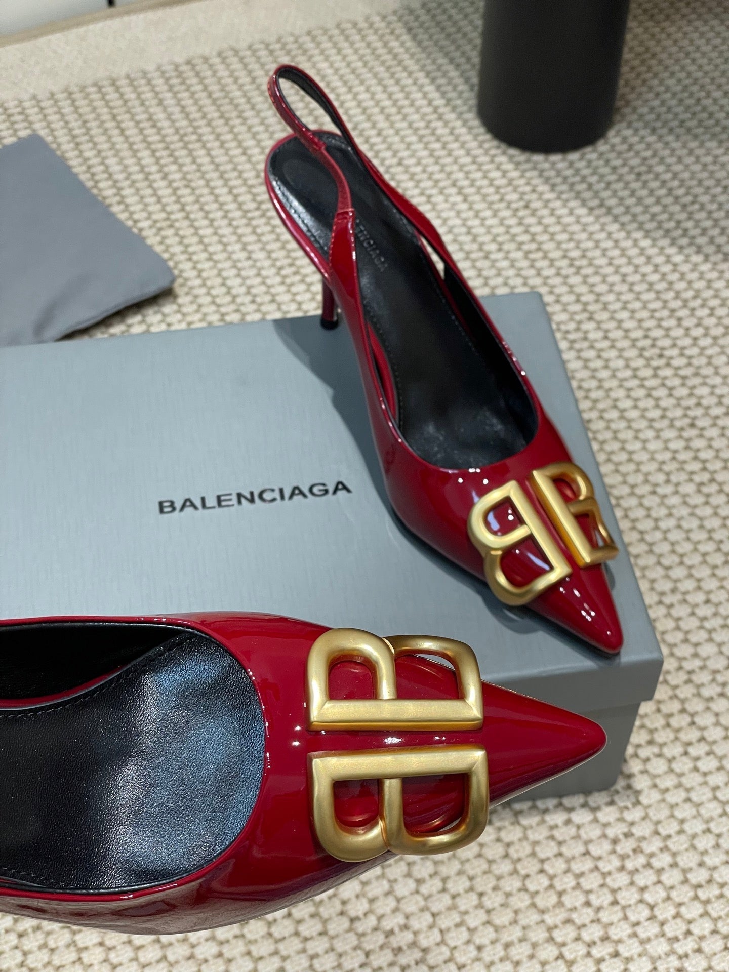 Balanciaga POINTED BB GOLD BUCKLE HIGH SLINGBACK 80MM IN RED PATENT CALFSKIN