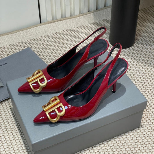 Balanciaga POINTED BB GOLD BUCKLE HIGH SLINGBACK 80MM IN RED PATENT CALFSKIN
