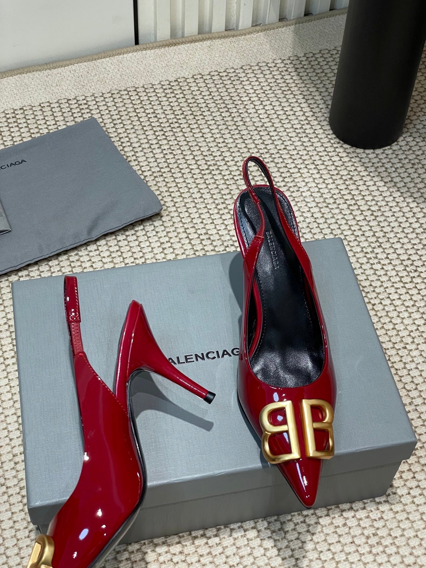 Balanciaga POINTED BB GOLD BUCKLE HIGH SLINGBACK 80MM IN RED PATENT CALFSKIN